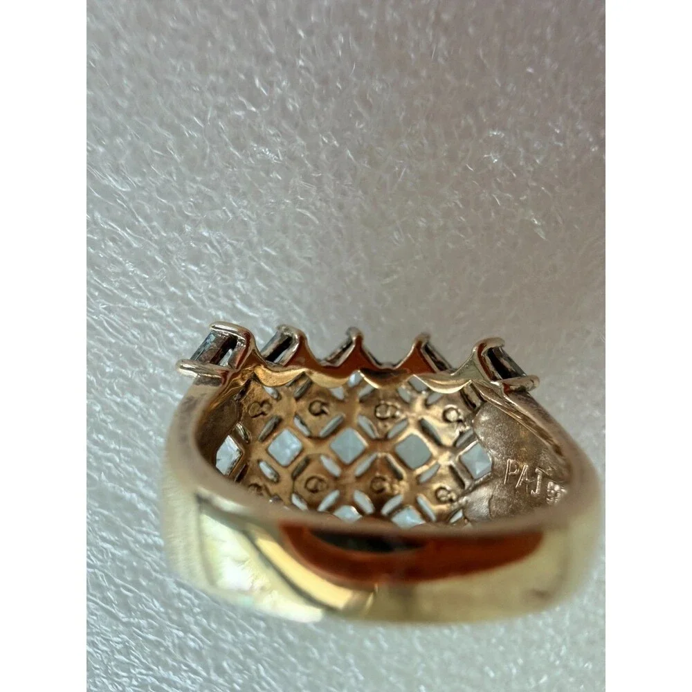 PAJ Signed 925 Sterling Silver Gold Vermeil Ice Blue Topaz Checkered Band Ring 6
